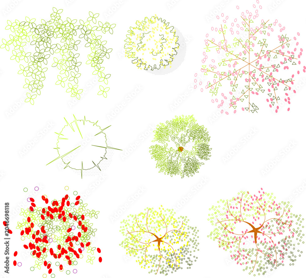 Obraz premium Technical architectural collection showcasing various top-down plan view illustrations of colorful trees and flowering plant canopies for landscaping and site design