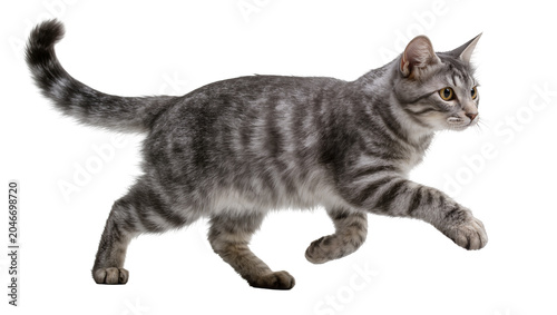 Photos Isolated grey tabby kitten trotting forward, side view, dynamic pose with stripe