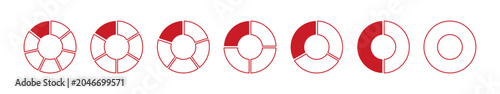 Wheel round red divided diagrams with one, two, three, four, five, six, seven segments. Circle division on 1 2 3 4 5 6 7 equal parts. Coaching blank.