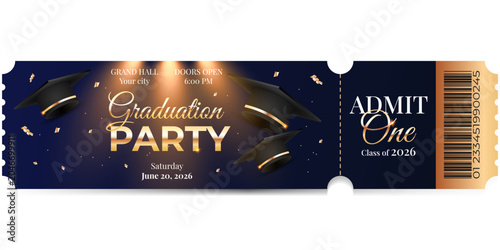 Vászonkép Elegant graduation event ticket template blue with graduation caps, gold details