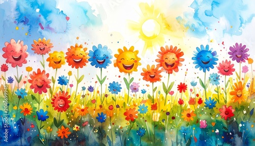 Joyful Watercolor Meadow of Colorful, Smiling Flowers Under a Bright Sun