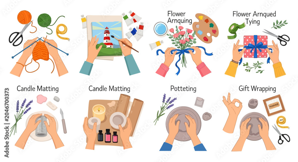 Fototapeta premium Crafting Icons, DIY Vector Graphics, Handmade Illustrations, Creative Activities