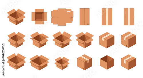 Brown cardboard box shapes, packaging elements, vector icons, 20 pieces, corrugated cardboard