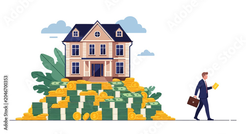 Obraz na plátne Wealth, finance, investment, growth concept, businessman walking towards house o