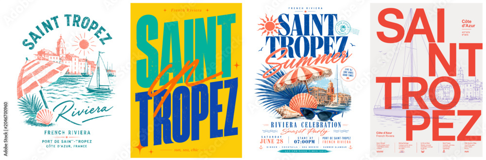 Obraz premium Saint Tropez vector poster set with Riviera beach, sailboat, parasol, seashells, yacht harbor and bold typography for summer travel and resort design.