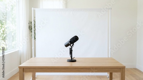 Professional podcast microphone on a wooden table in a bright minimalist recording studio setup with a white backdrop