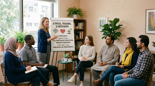 Woman leads group discussing mental health in supportive room