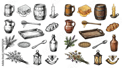 Foto Collection of rustic food and drink items, including bread, honey, cheese, and beverages, presented in both sketch and color versions