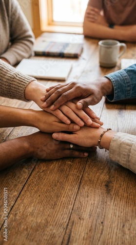 Diverse group of people stacking hands together in a sign of unity and teamwork