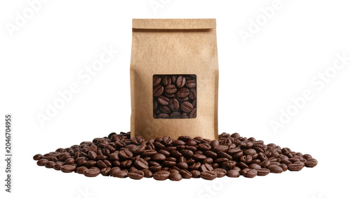 Isolated craft paper coffee bag with viewing window and roasted whole coffee beans