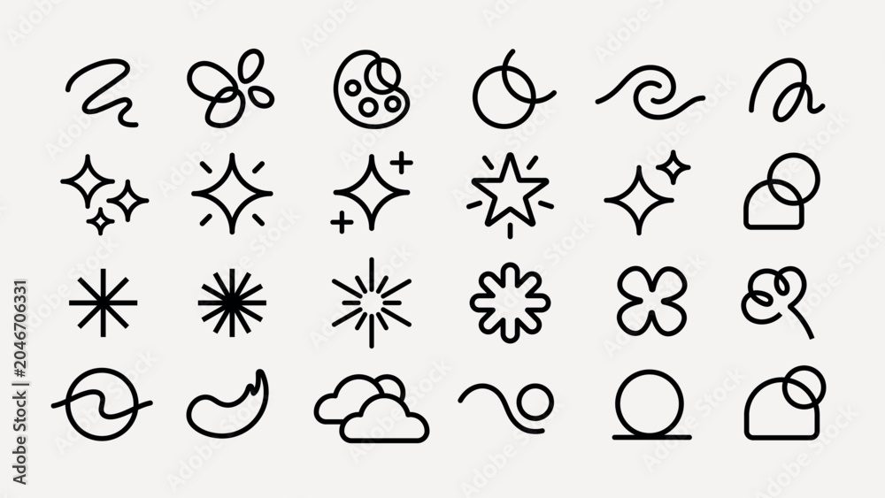 Fototapeta premium Vector set of abstract black line icons including stars, clouds, and shapes.