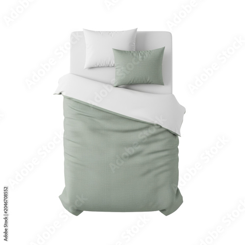 A single bed with a sage green organic linen duvet and white pillows, neatly arranged on a crisp white sheet against a transparent background, evoking minimalist comfort and serenity