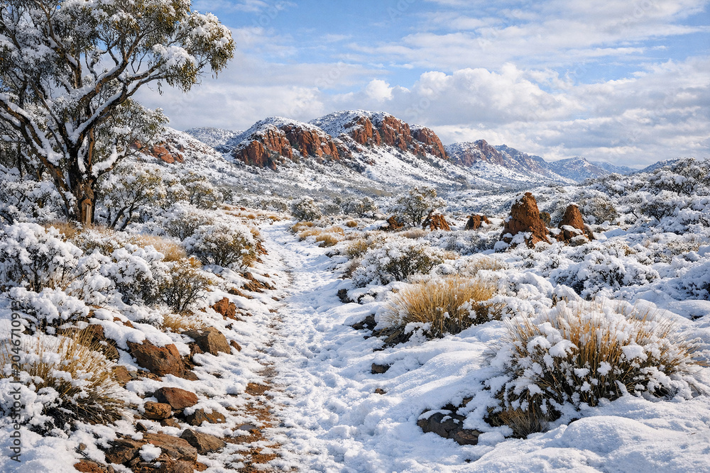 Fototapeta premium Snowy desert landscape with red rock formations and a pathway