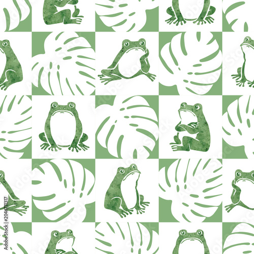Cute frogs and monstera leaves checkered pattern. Seamless vector green print