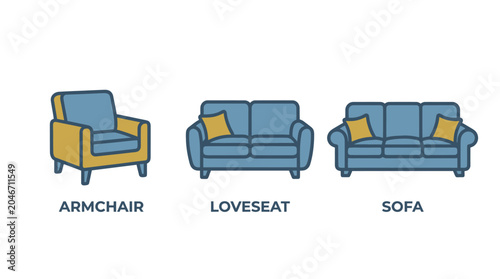Schilderij op canvas Blue upholstered armchair loveseat and sofa icons set