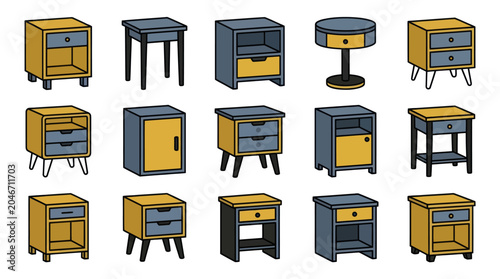 Tableau sur toile Diverse collection of flat vector nightstand and bedside table icons
