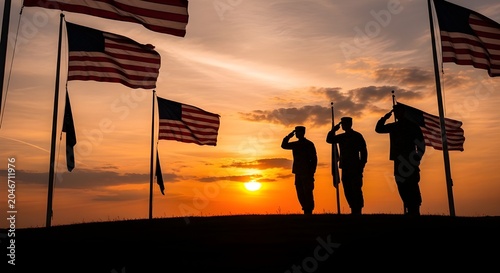 Silhouettes of three soldiers saluting against a vibrant sunset sky with multiple american flags waving in the background, representing patriotism and military honor