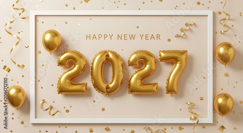 Happy new year 2027 celebration background with golden foil balloons, confetti, and ribbons inside a white frame