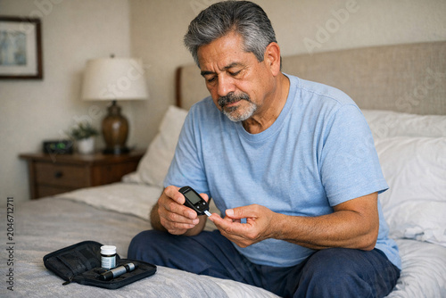 Man with diabetes checking his blood sugar level at home