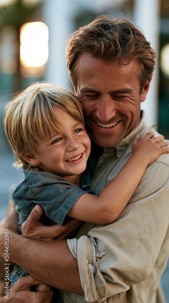 Obraz premium Father and son share a warm, joyful embrace outdoors at sunset