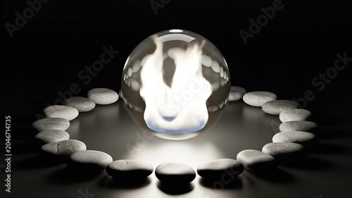 A glass orb containing a fire sits atop a circular arrangement of white objects on a dark surface.