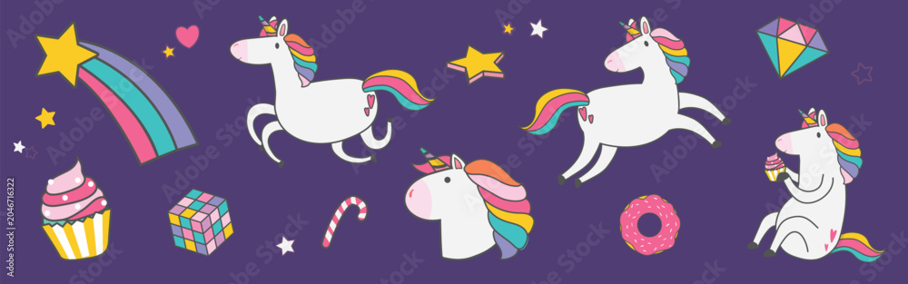 Naklejka premium Vector of colorful unicorns, stars, and sweets on a purple background.
