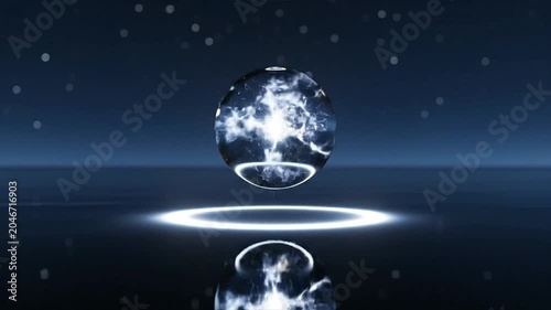 A glass orb floats above water with fire beneath on a dark night