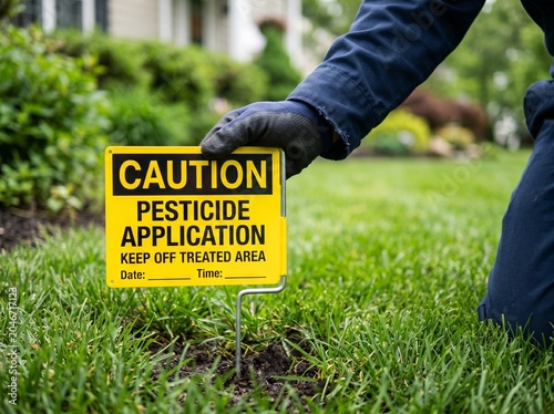Exterminator placing a yellow caution pesticide application sign in a residential lawn. Professional pest control worker warning about chemical treatment on grass for home safety