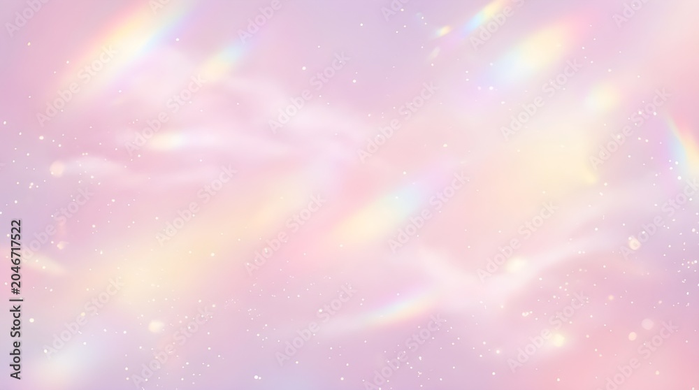 Fototapeta premium Holographic pastel sky background with rainbow prism light leaks, ethereal pink clouds with sparkling glitter texture, dreamy aesthetic wallpaper