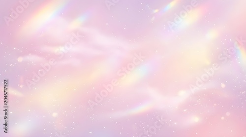 Holographic pastel sky background with rainbow prism light leaks, ethereal pink clouds with sparkling glitter texture, dreamy aesthetic wallpaper