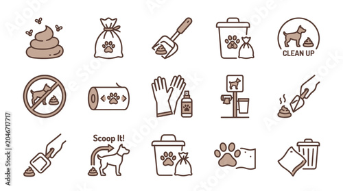 Dog waste clean up and management line icons.