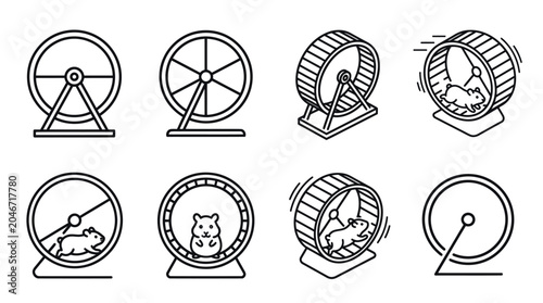 Konstfotografi Hamster exercise wheel line icon set in various styles.