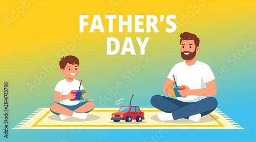Father and son enjoy a relaxed Father's Day together on a colorful rug