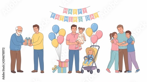 Illustration of a happy Father's Day celebration with family and gifts