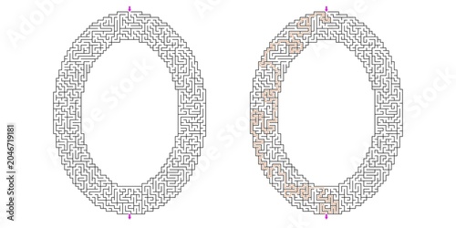 Alphabet letter O omricon Abstract outline shaped maze puzzle vector with answer in red lines with purple arrows, graphic illustration for Kids activity page, Printable game and books publishing   