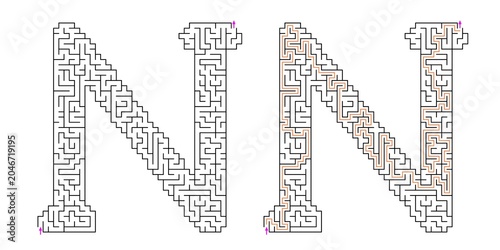 Alphabet letter N Abstract outline shaped maze puzzle vector with answer in red lines with purple arrows, graphic illustration for Kids activity page, Printable game and books publishing