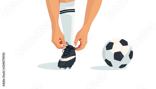Close-up shot of a person tying their soccer shoe with a soccer ball nearby, ready for a game