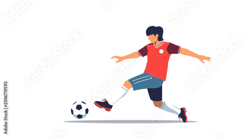 A soccer player is captured in action, striking a soccer ball with his foot. The player is wearing a red jersey with blue shorts and white socks.