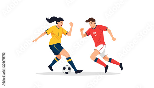Two soccer players, one in a yellow jersey and the other in a red jersey, are competing for the ball on a white background. They are both in motion.