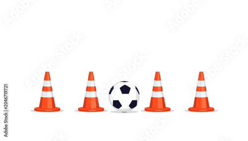 Soccer ball between traffic cones on a white background