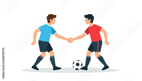 Two soccer players, one in a blue uniform and the other in a red uniform, shake hands over a soccer ball on a white background. The players are facing each other.