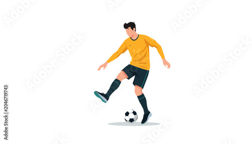A soccer player skillfully dribbling a ball. He is wearing a yellow jersey, dark shorts, and blue socks, with cleats on his feet