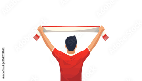 A person in a red shirt holding up a white and red scarf with outstretched arms, celebrating in a stadium or at an event