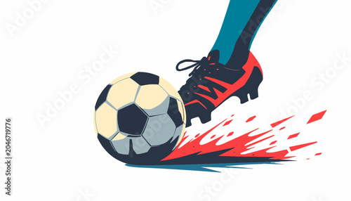 A close-up illustration of a person's leg in a soccer cleat kicking a soccer ball with red motion lines