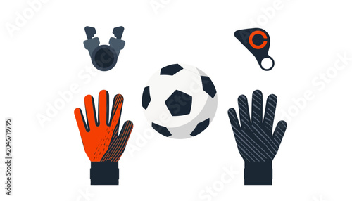 Collection of soccer equipment including a ball, goalkeeper gloves, shin guards, and a whistle