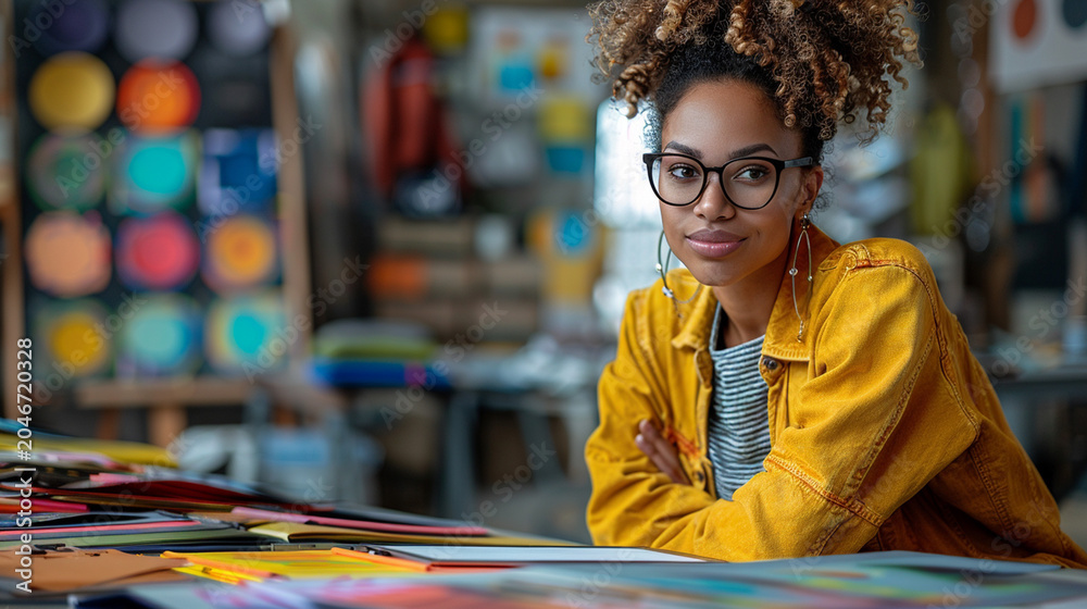 Obraz premium Focused young woman in art studio, looking confidently at camera, arms crossed, surrounded by colorful materials.
