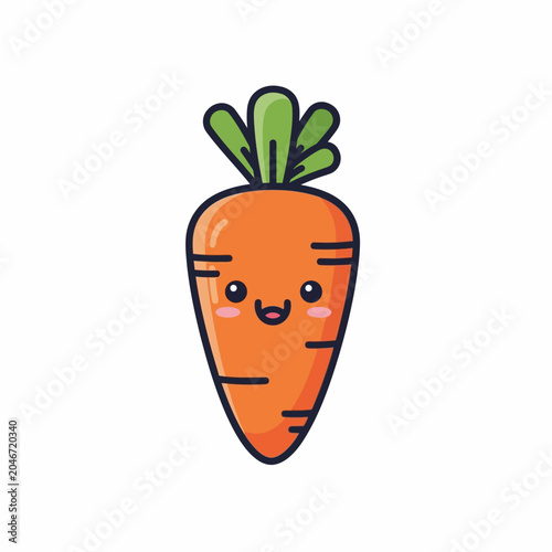 Cute Cartoon Carrot Character with Smiling Face and Green Leaves.