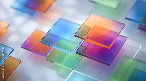 Abstract translucent glass squares in vibrant rainbow colors, colorful geometric glass plates background, modern glass texture for tech design
