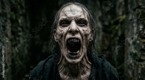 Horrifying zombie monster with open mouth and sharp teeth, grotesque undead creature with gaunt face and blood-stained skin, a chilling halloween concept or horror movie character