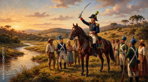 Military officer on horseback leading soldiers in a historical landscape